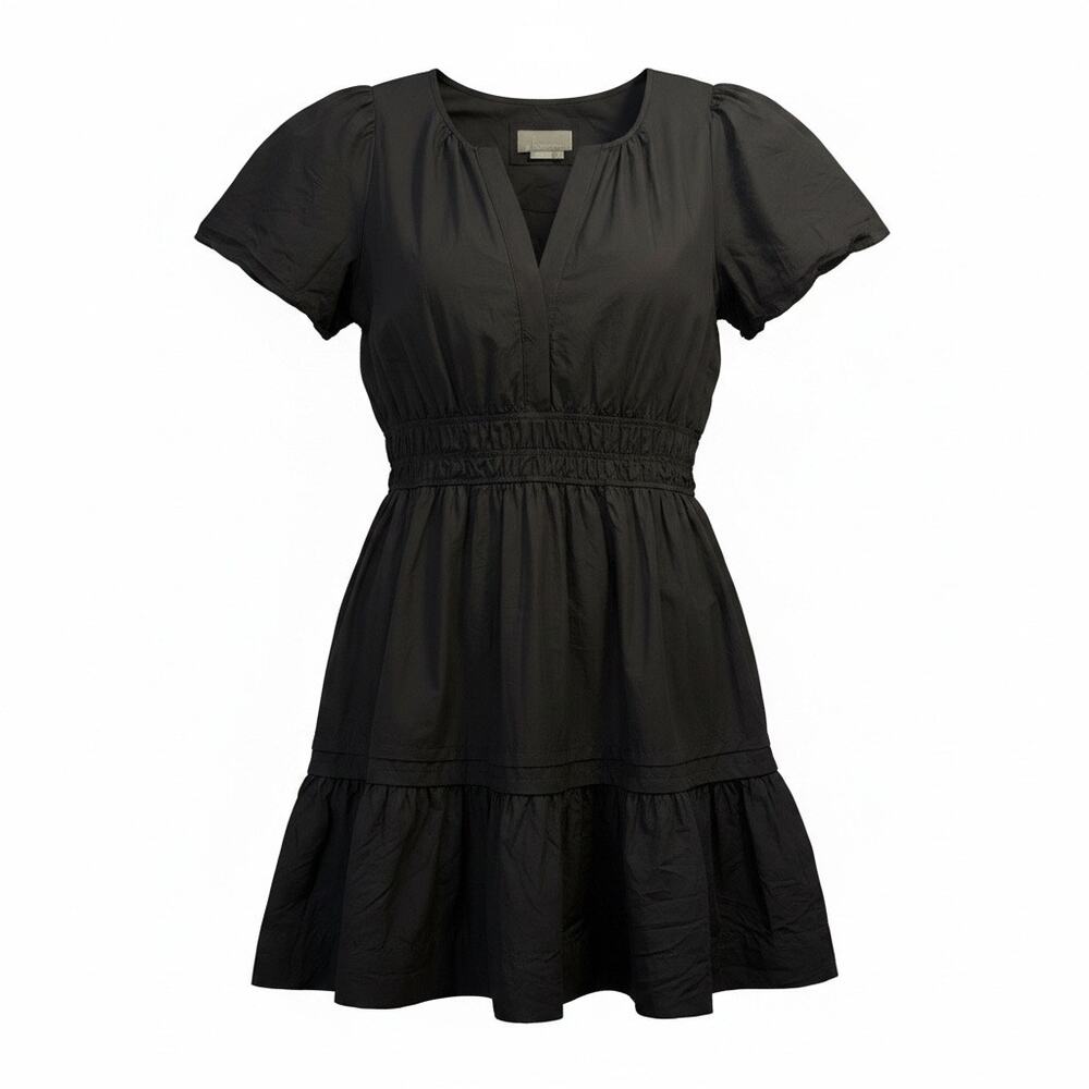Anthropologie Black Cotton Mini Dress Womens XL Puff Sleeve Tiered Poplin